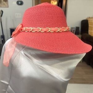 Brand New Women’s Wide Brim Sun Hat – Coral Pink with Bow
